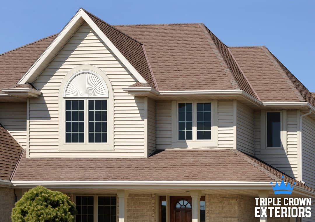 Modern home exterior with tan siding, large windows, and intricate roof design by Triple Crown Exteriors.
